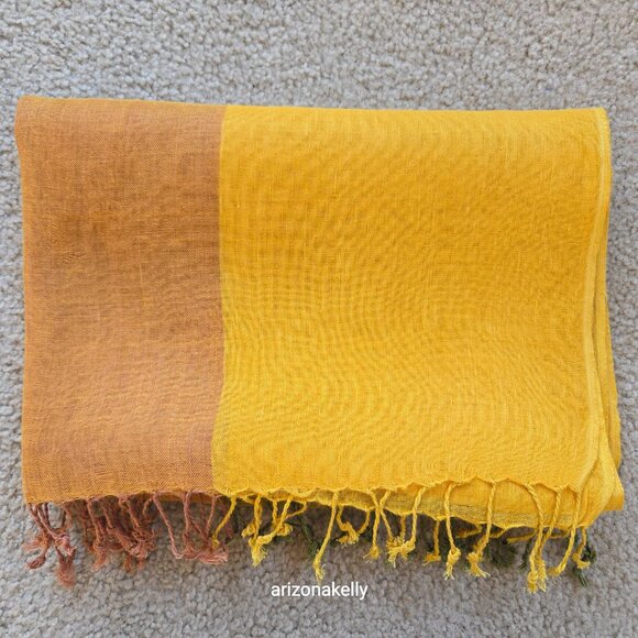 Mila Schon Linen Scarf Yellow Green Brown Earth Tones - Picture 13 of 14